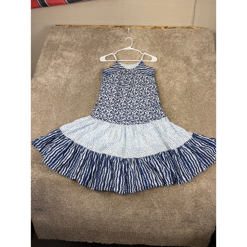 Catimini Girls Blue Dress 12 White Tiered Maxi Braided French Vacation Boho Sun